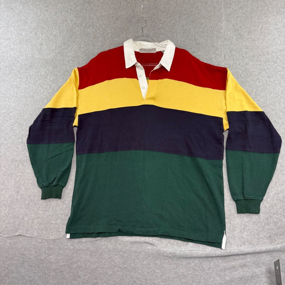 John Ashford Rugby Shirt 90s Mens XL Multi Colorblock Long Sleeve Vintage Cotton